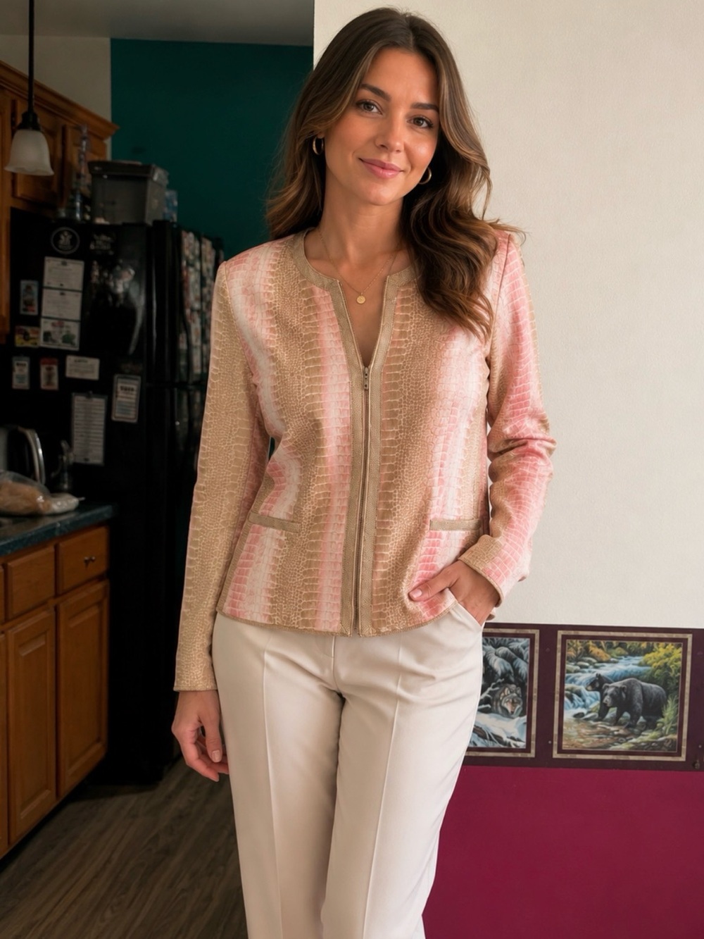 Elegant Pink & Cream Zip-Front Women's Jacket size large, City Girl